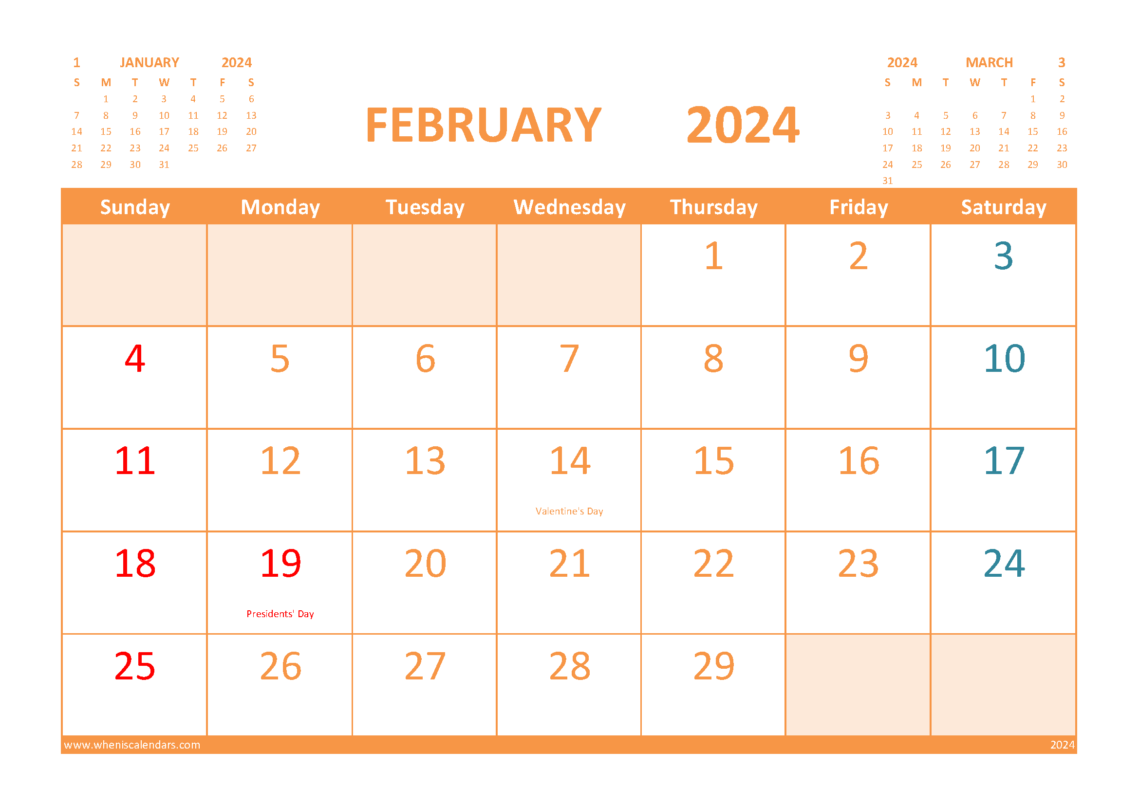 Calendar For February 2024 With Holidays Free Printable