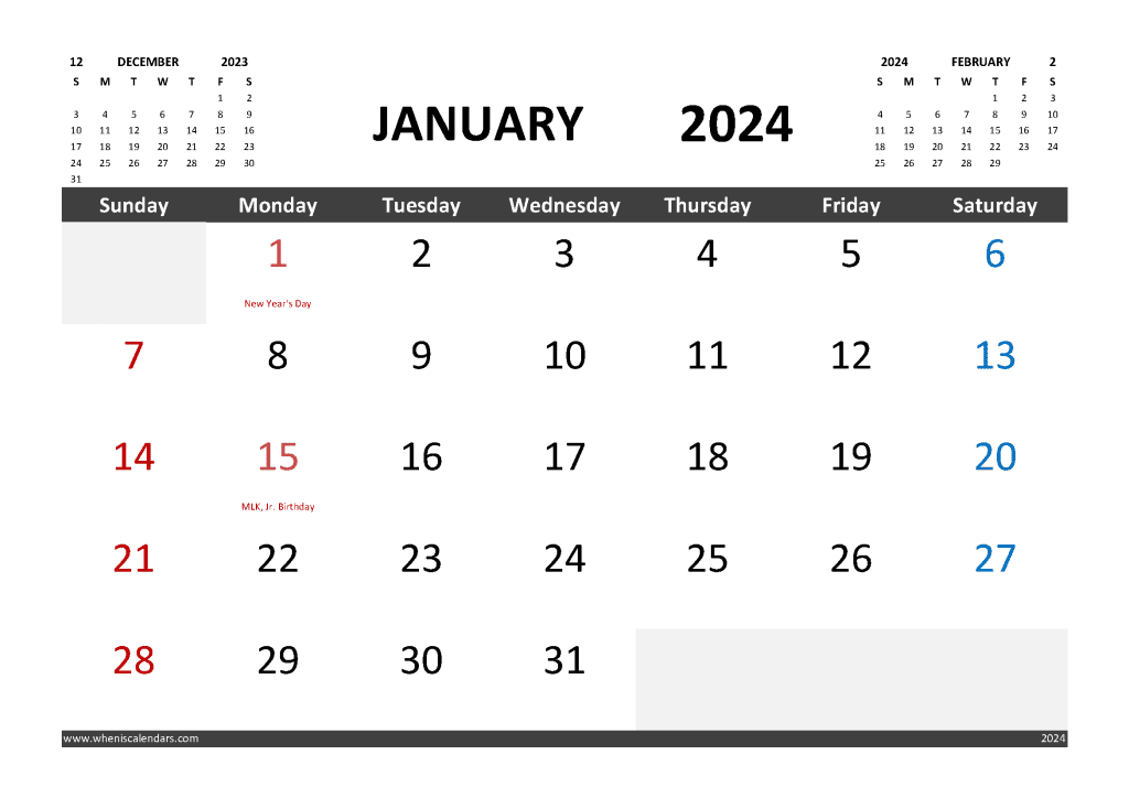 Free January 2024 Calendar Template With Holidays