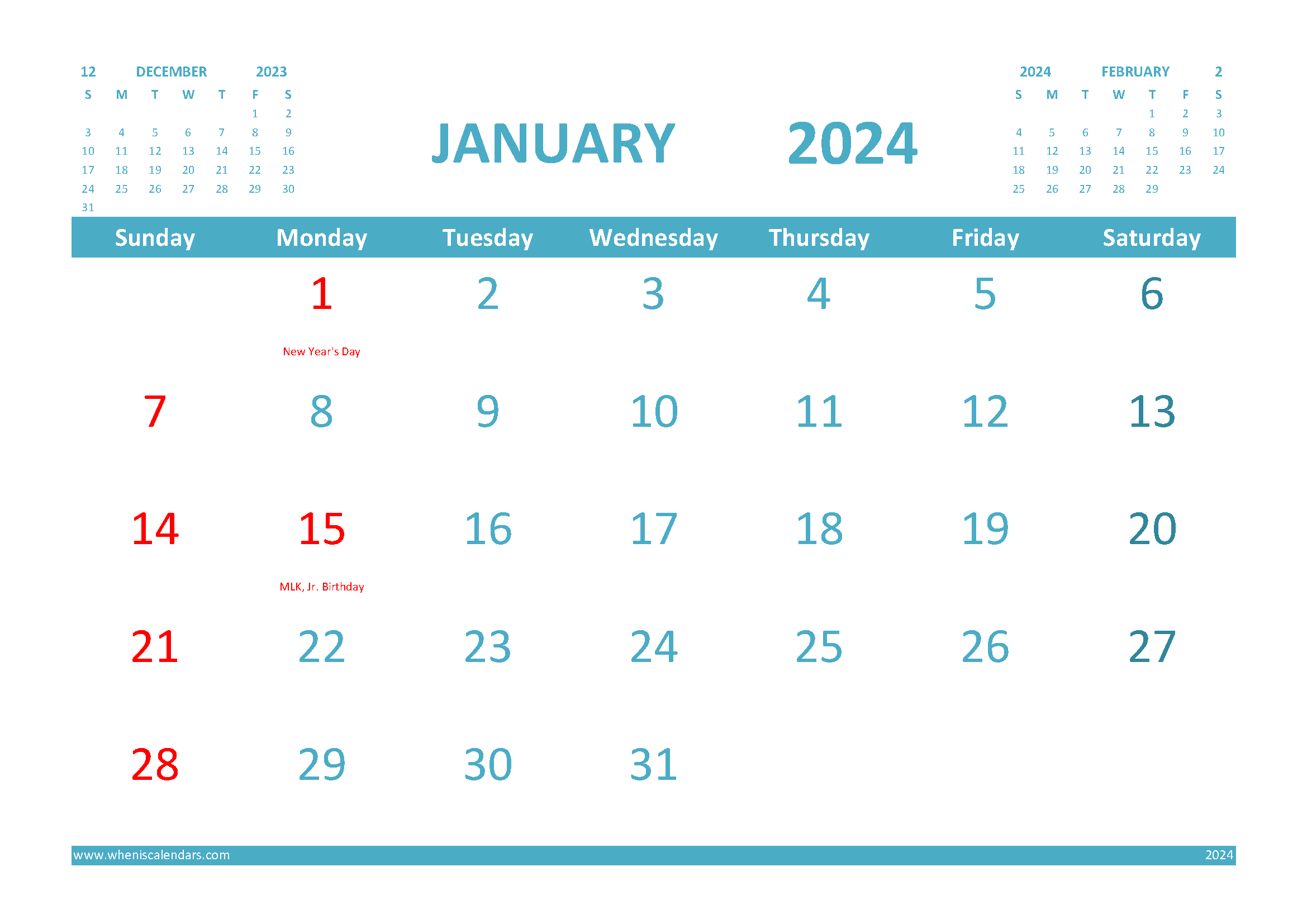 Free 2024 Calendar January Printable With Holidays