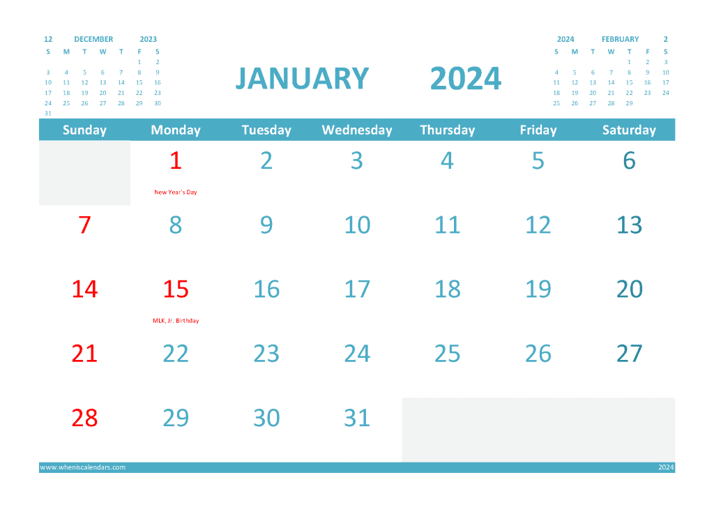 January 2024 Calendar With Holidays Printable For Free