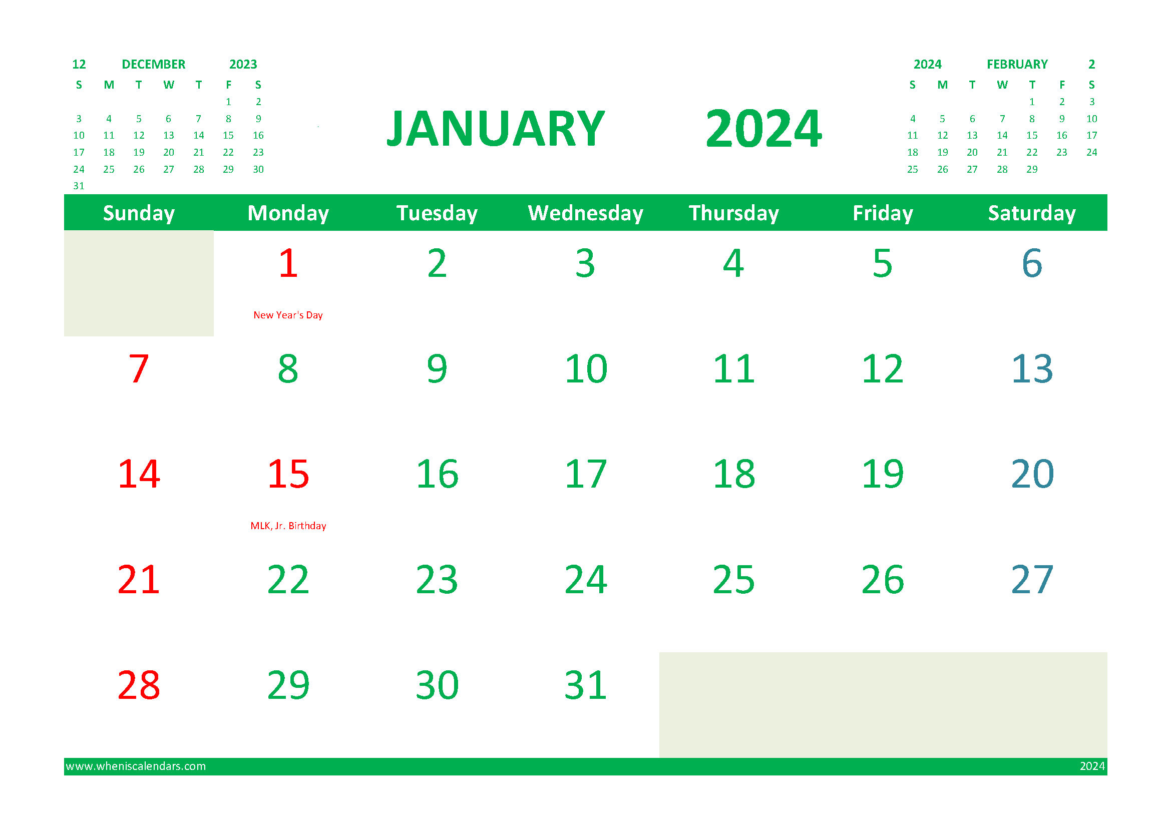 Free January Calendar 2024 Printable With Holidays