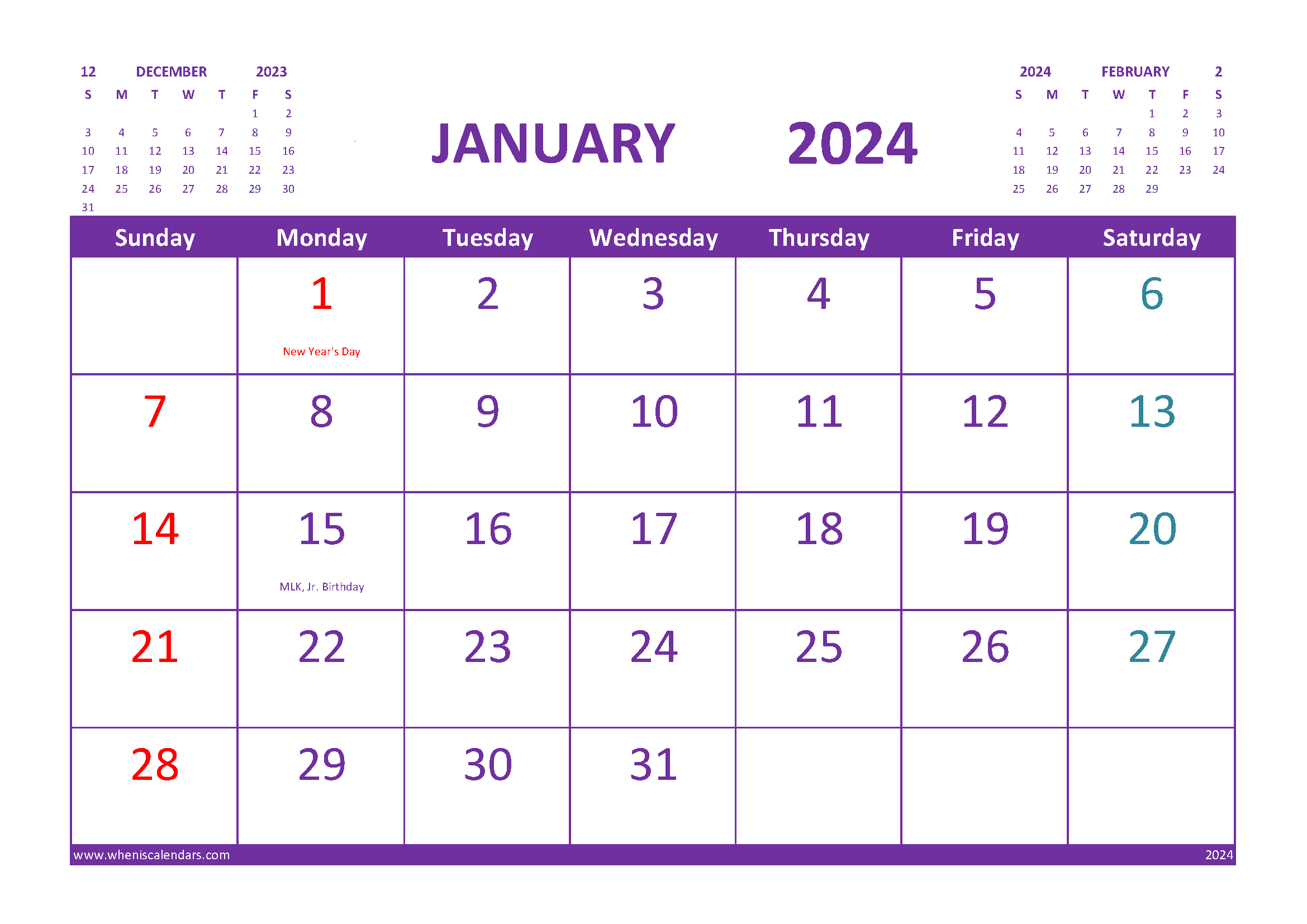 January 2024 Calendar With Holidays Free Printable