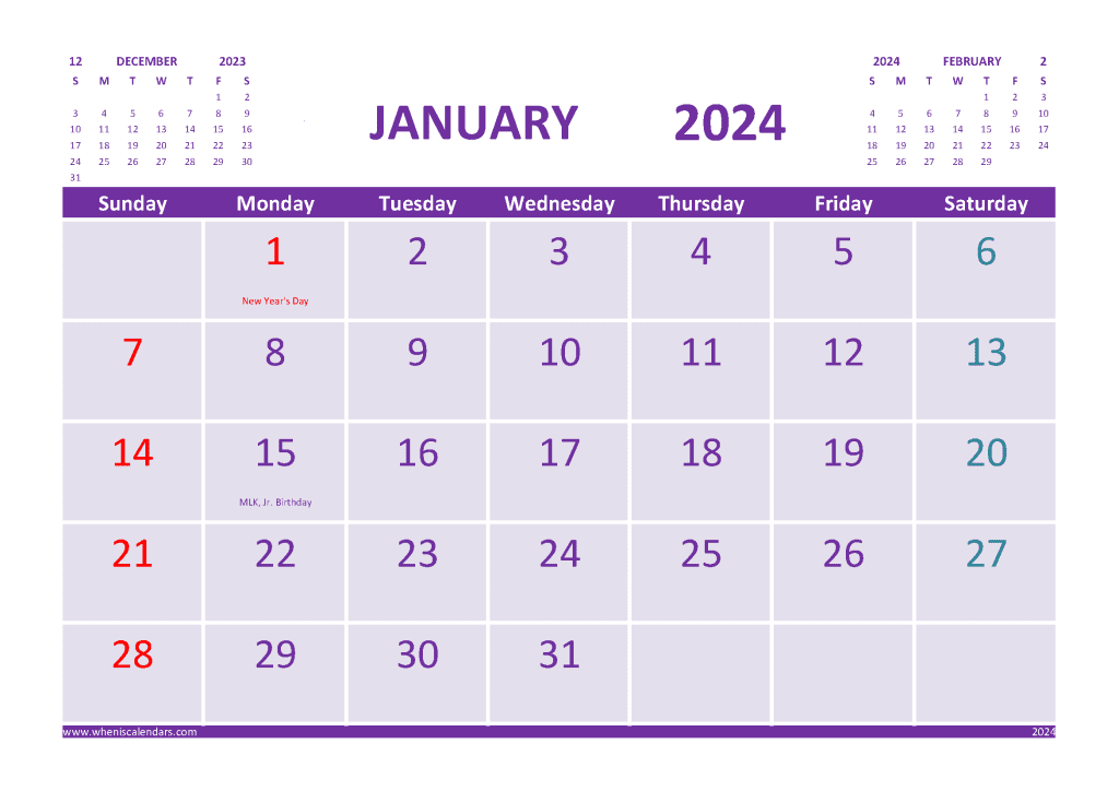 Free January 2024 Calendar With Holidays Printable