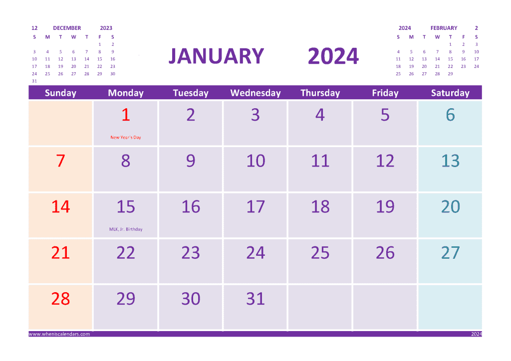 Free Printable January 2024 Calendar With Holidays