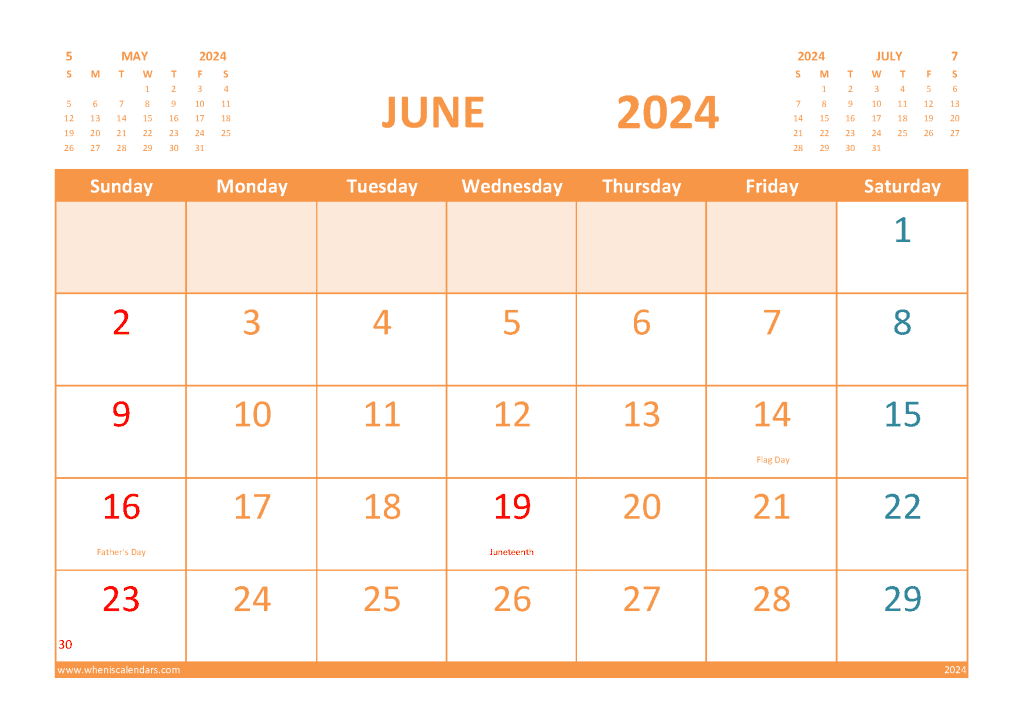 Calendar For June 2024 With Holidays Free Printable