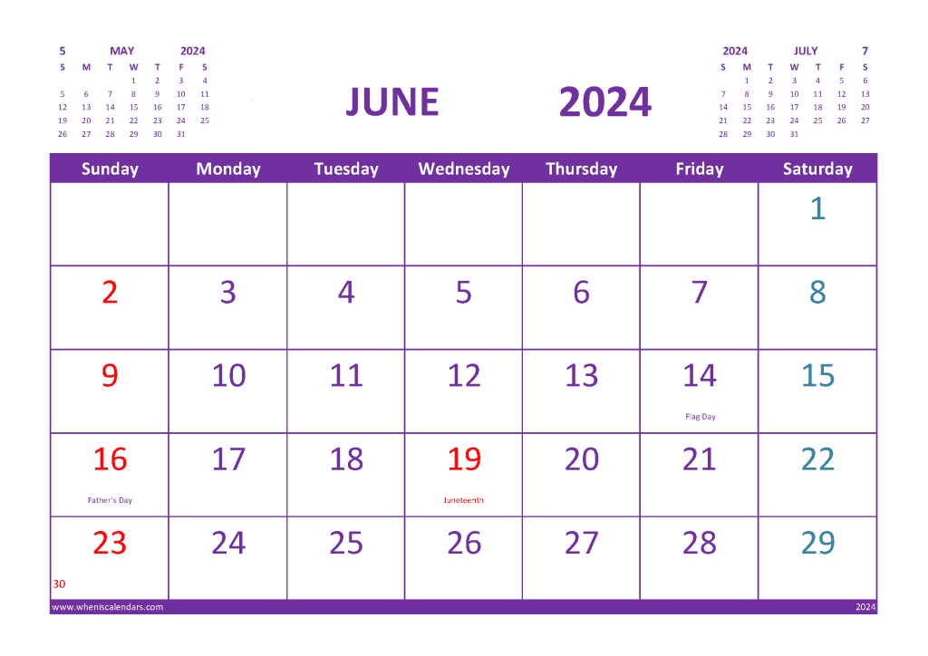 June 2024 Calendar With Holidays Free Printable