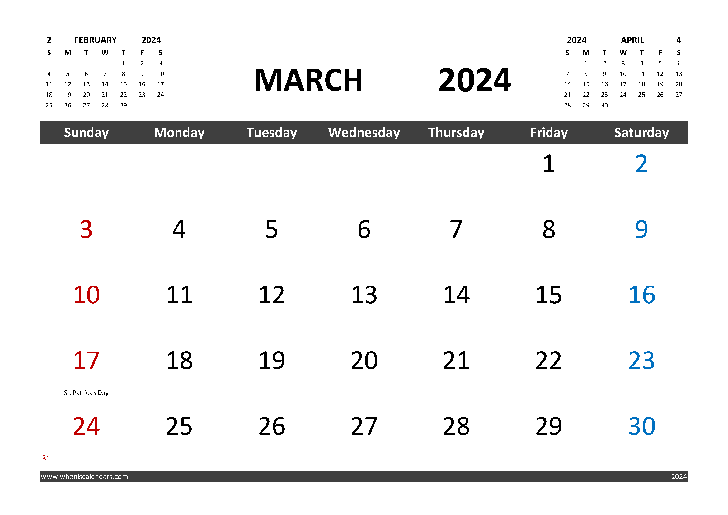 Free March 2024 Calendar Printable With Holidays