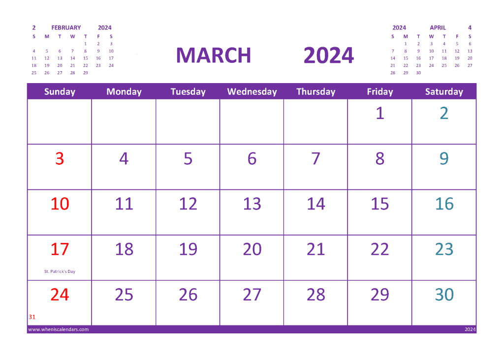 March 2024 Calendar With Holidays Free Printable