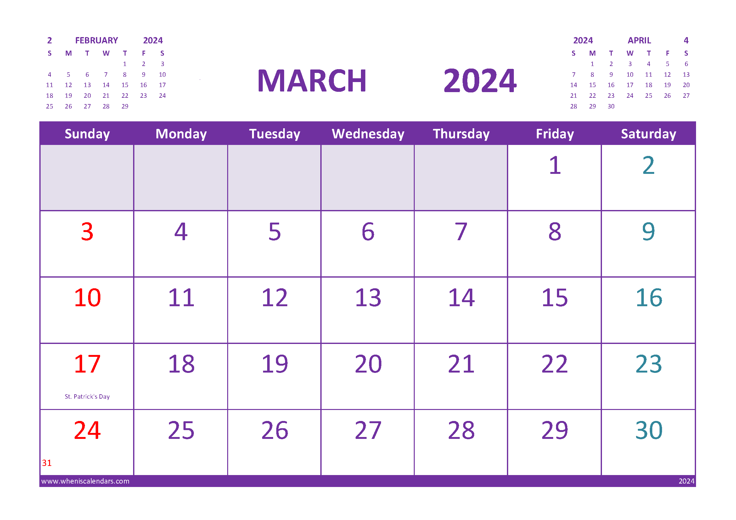 Free Printable Calendar March 2024 With Holidays