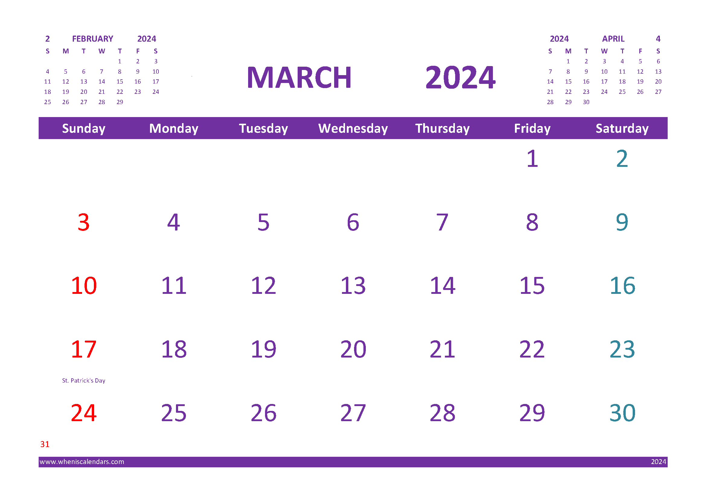 Free Printable Calendar For March 2024 With Holidays