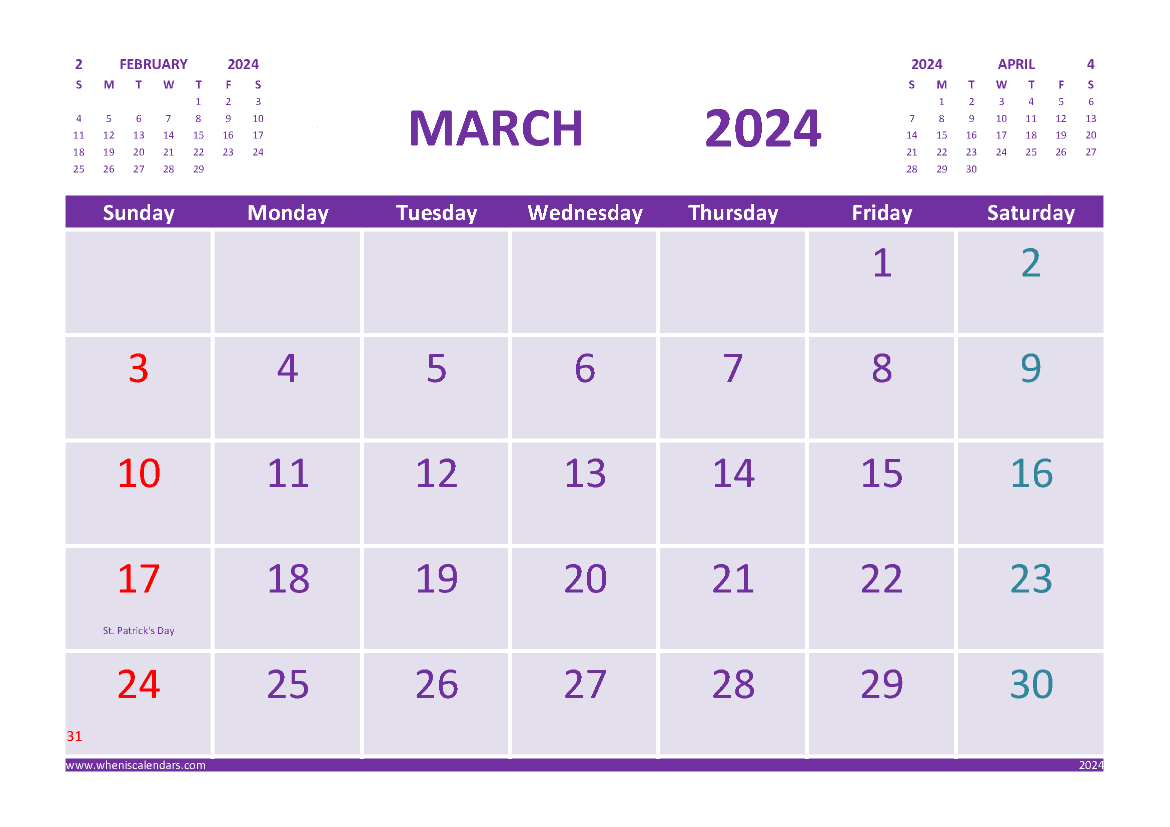 Free March 2024 Calendar With Holidays Printable