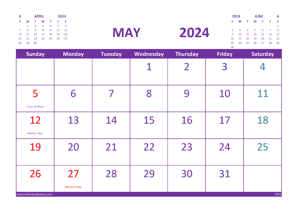 May 2024 Calendar With Holidays Free Printable