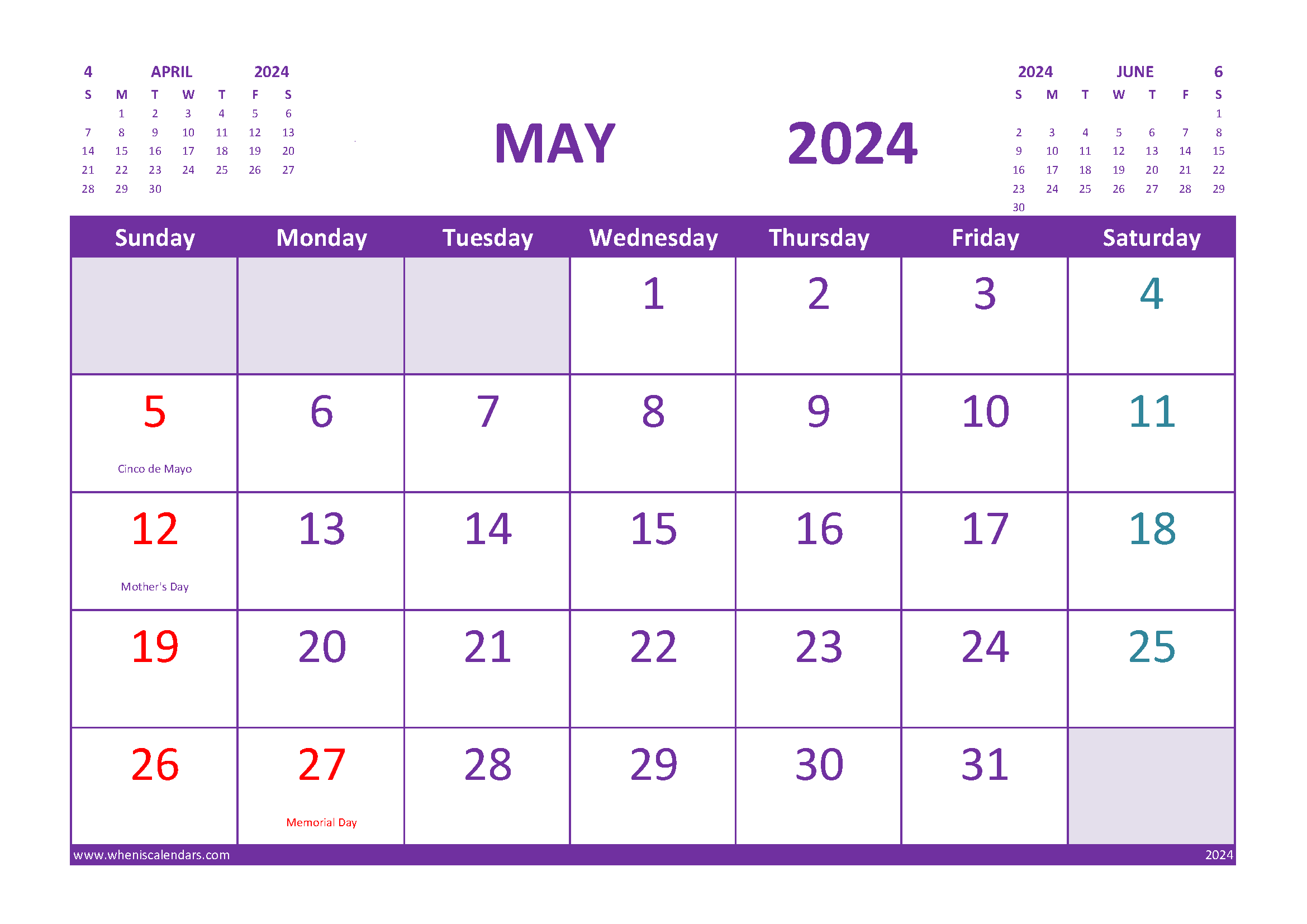 Free Printable Calendar May 2024 With Holidays