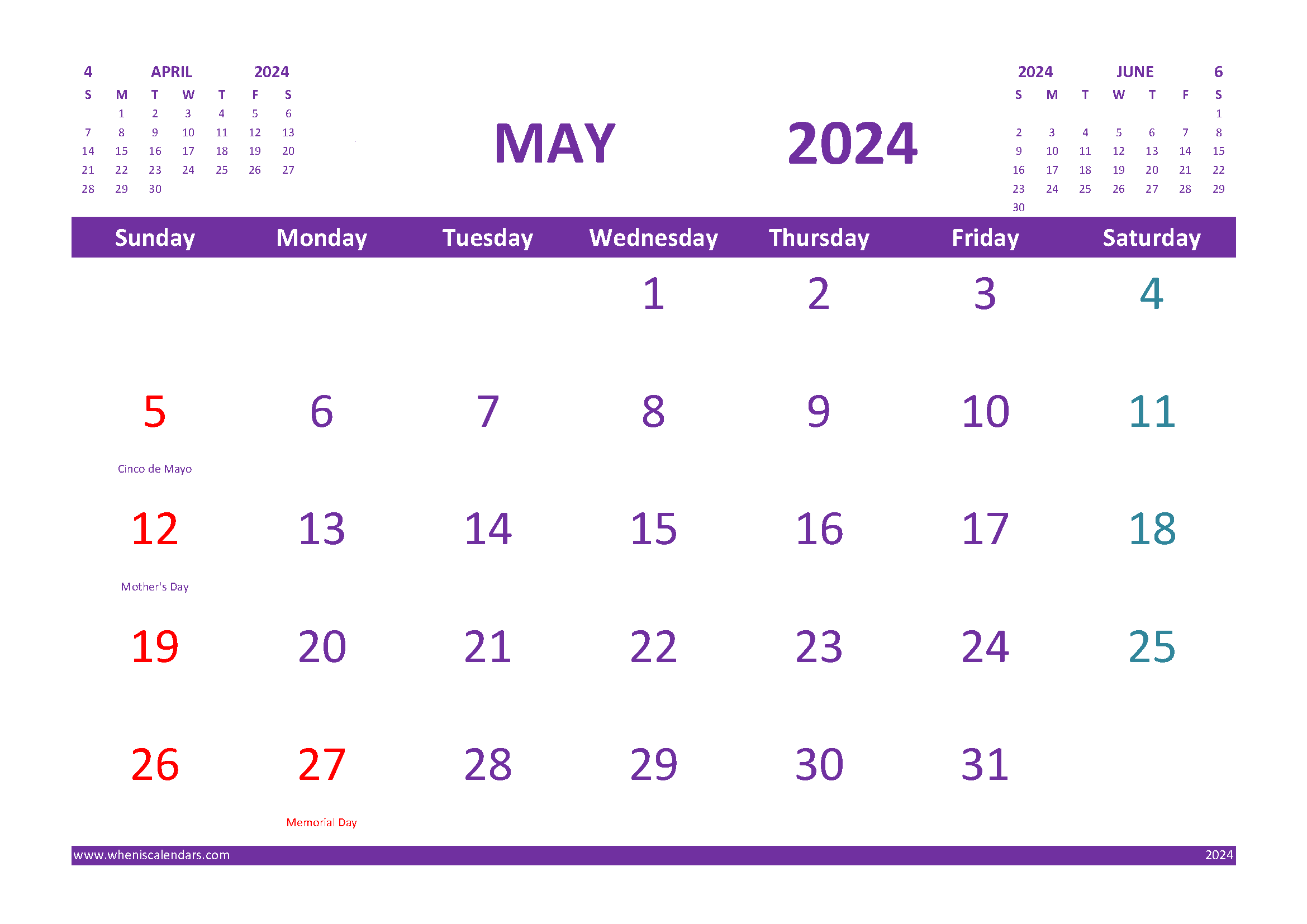 Free Printable Calendar For May 2024 With Holidays