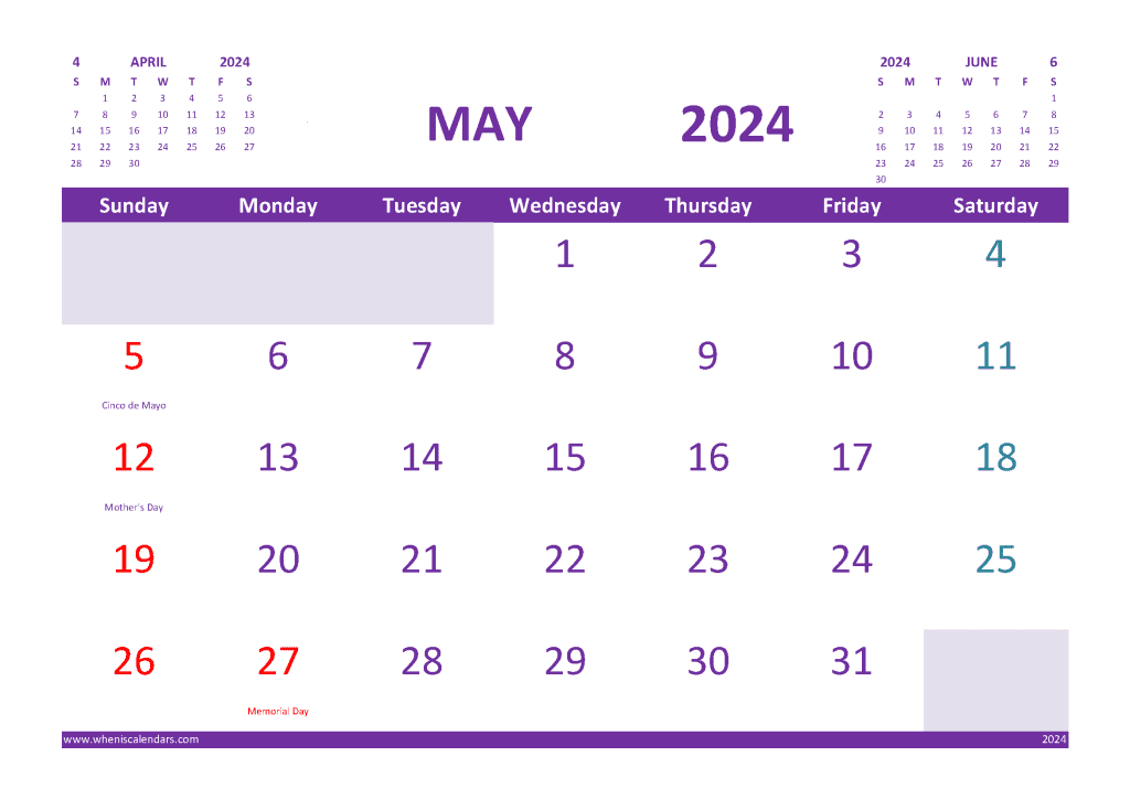 Calendar For May 2024 With Holidays Free Printable