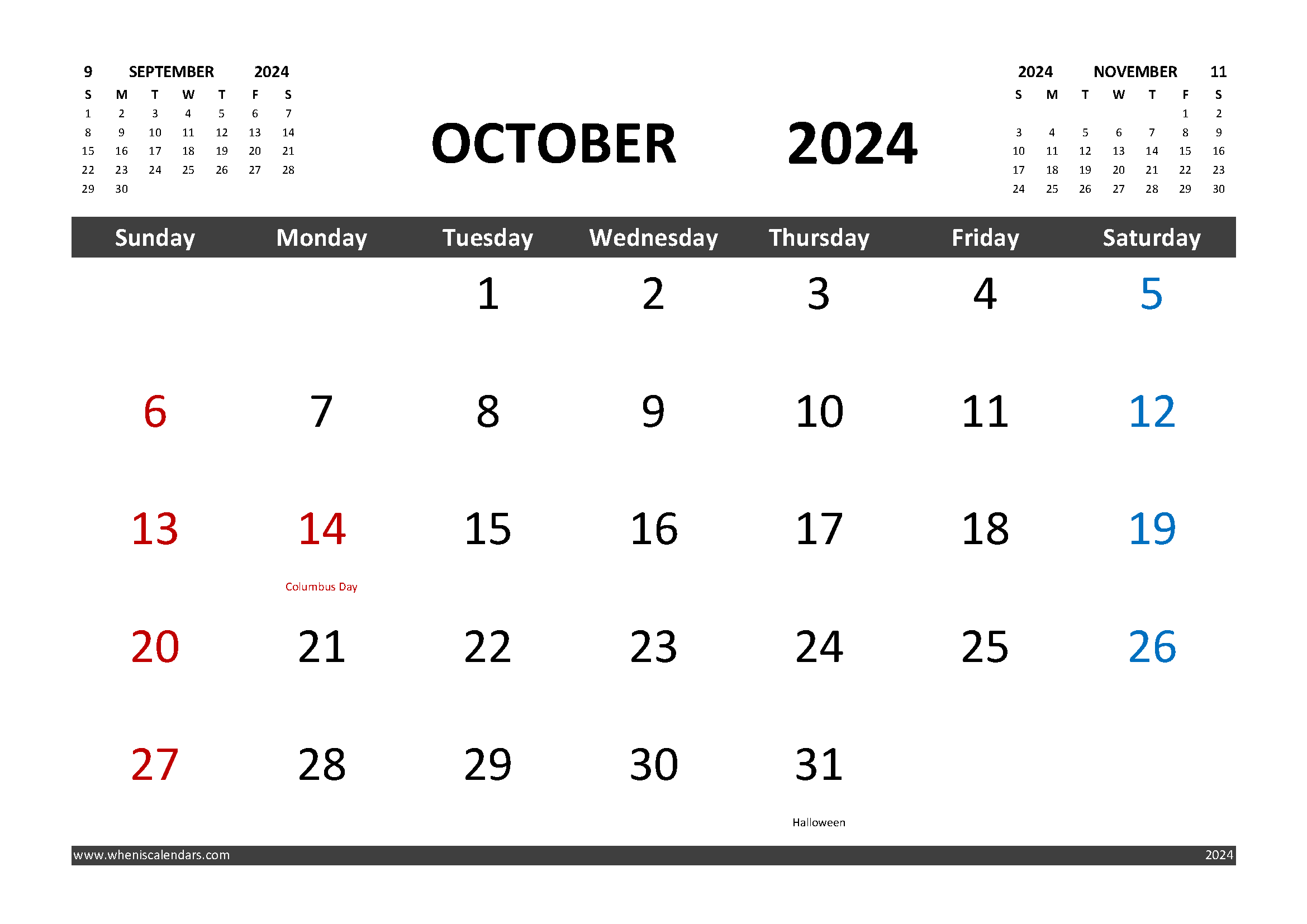 Free October 2024 Calendar Printable With Holidays