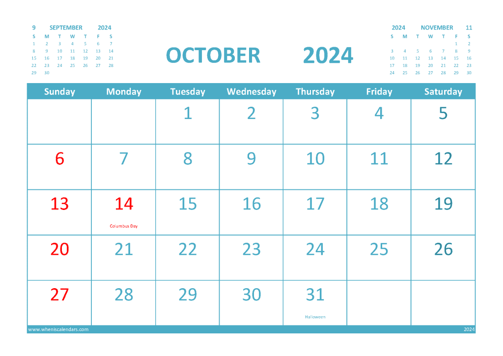 October 2024 Calendar Free Printable With Holidays