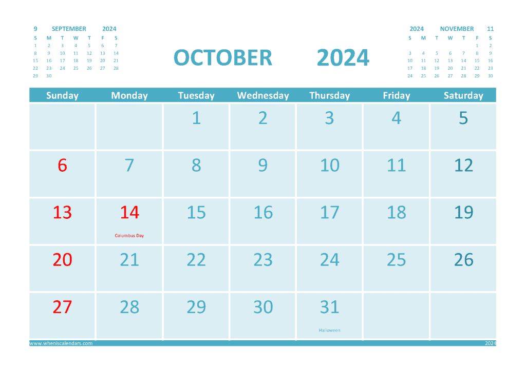 October 2024 Calendar With Holidays Free Printable