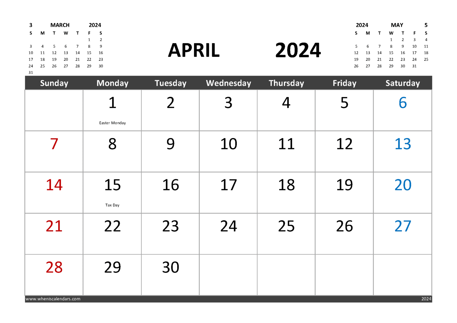 Free Printable April 2024 Calendar With Holidays