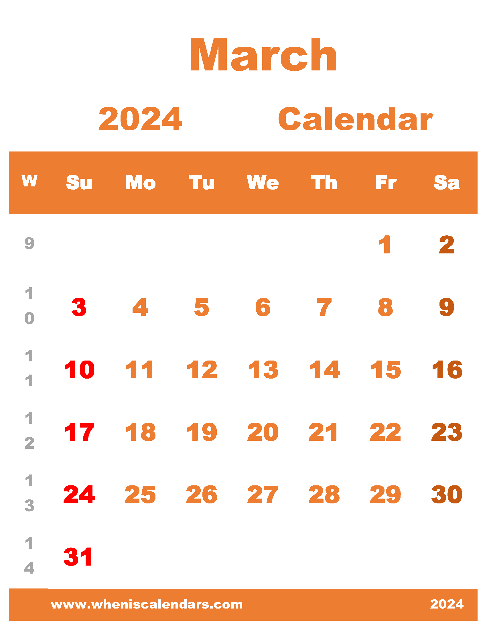 Free Printable March 2024 Calendar With Week Numbers