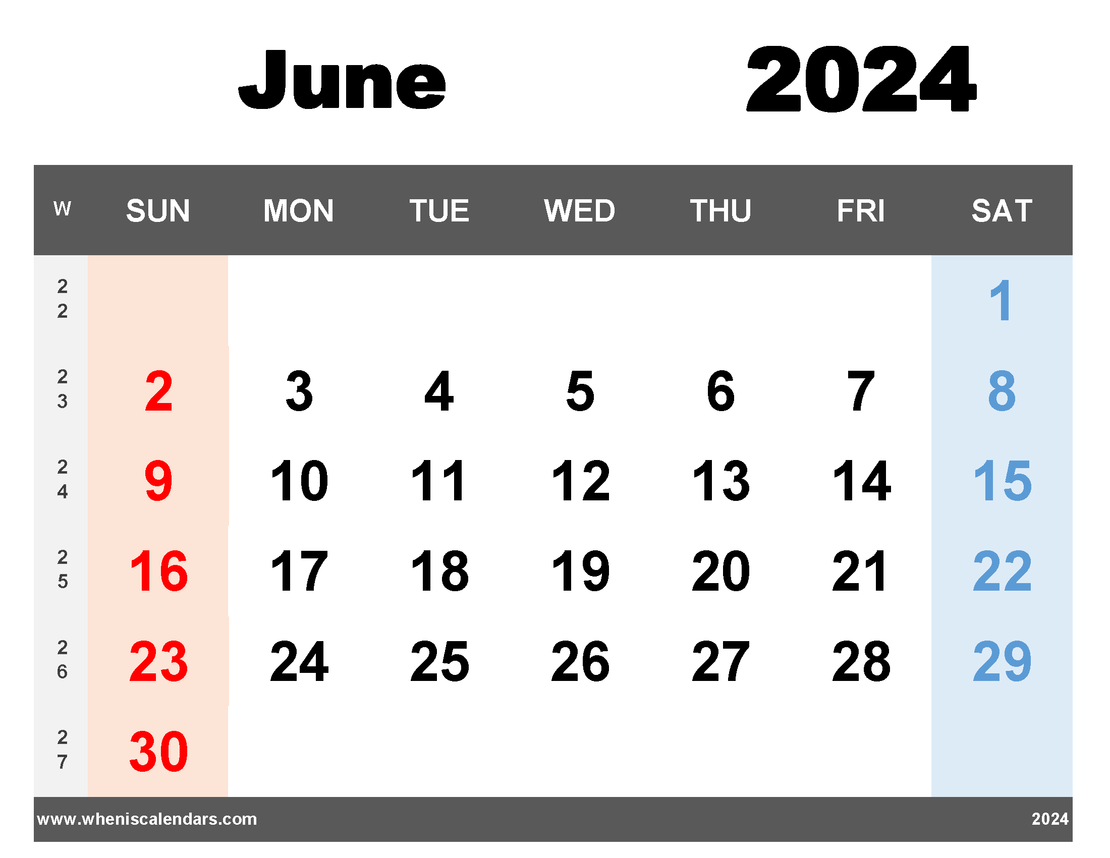 Free Printable June 2024 Calendar With Week Numbers