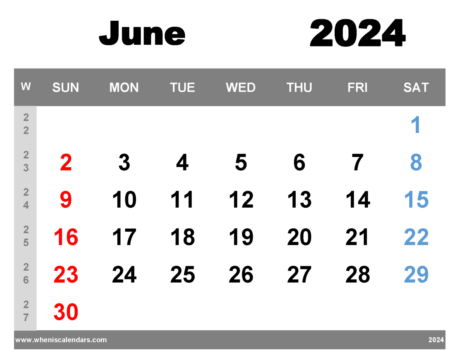 Free Printable June 2024 Calendar With Week Numbers