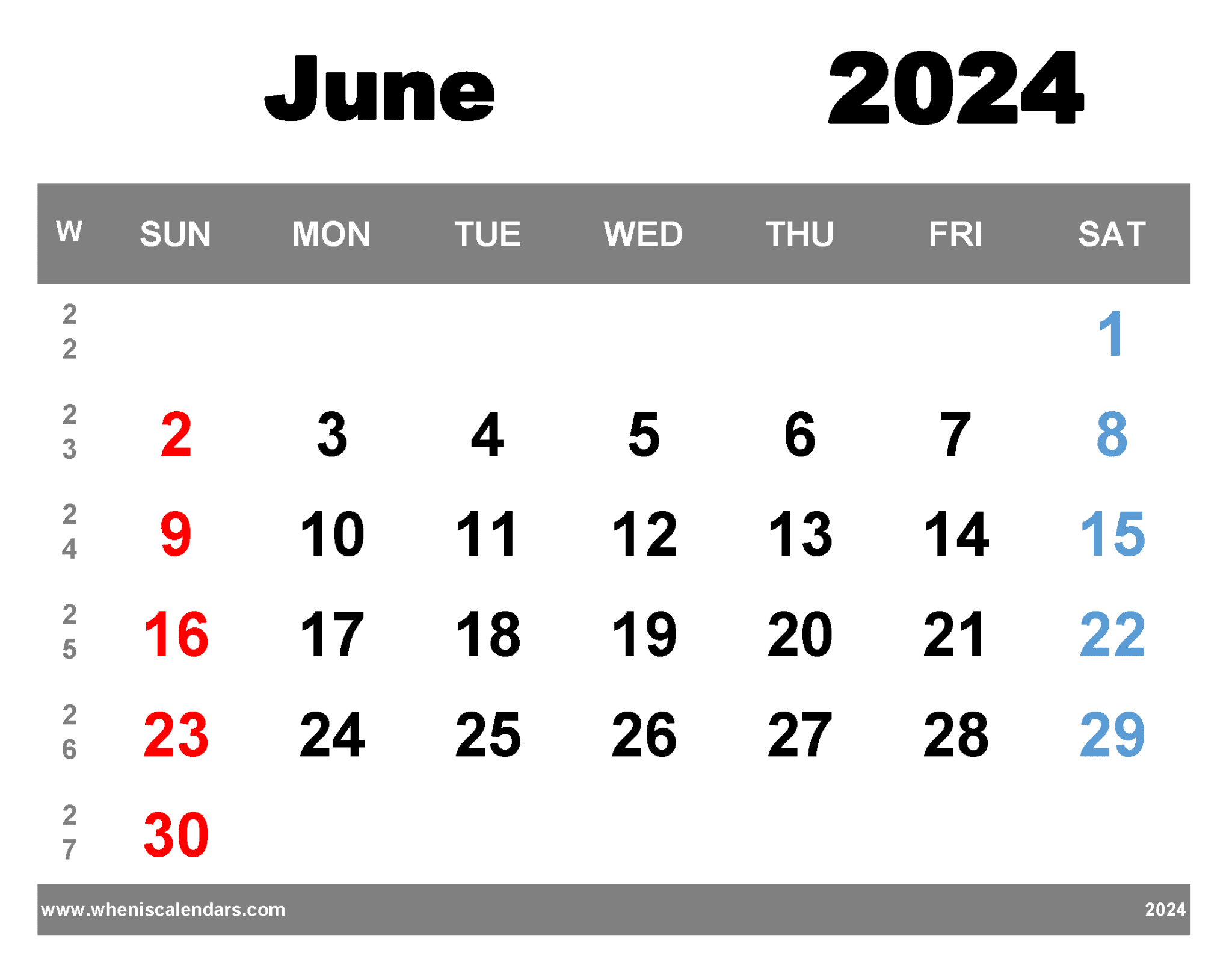 Free Printable June 2024 Calendar With Week Numbers