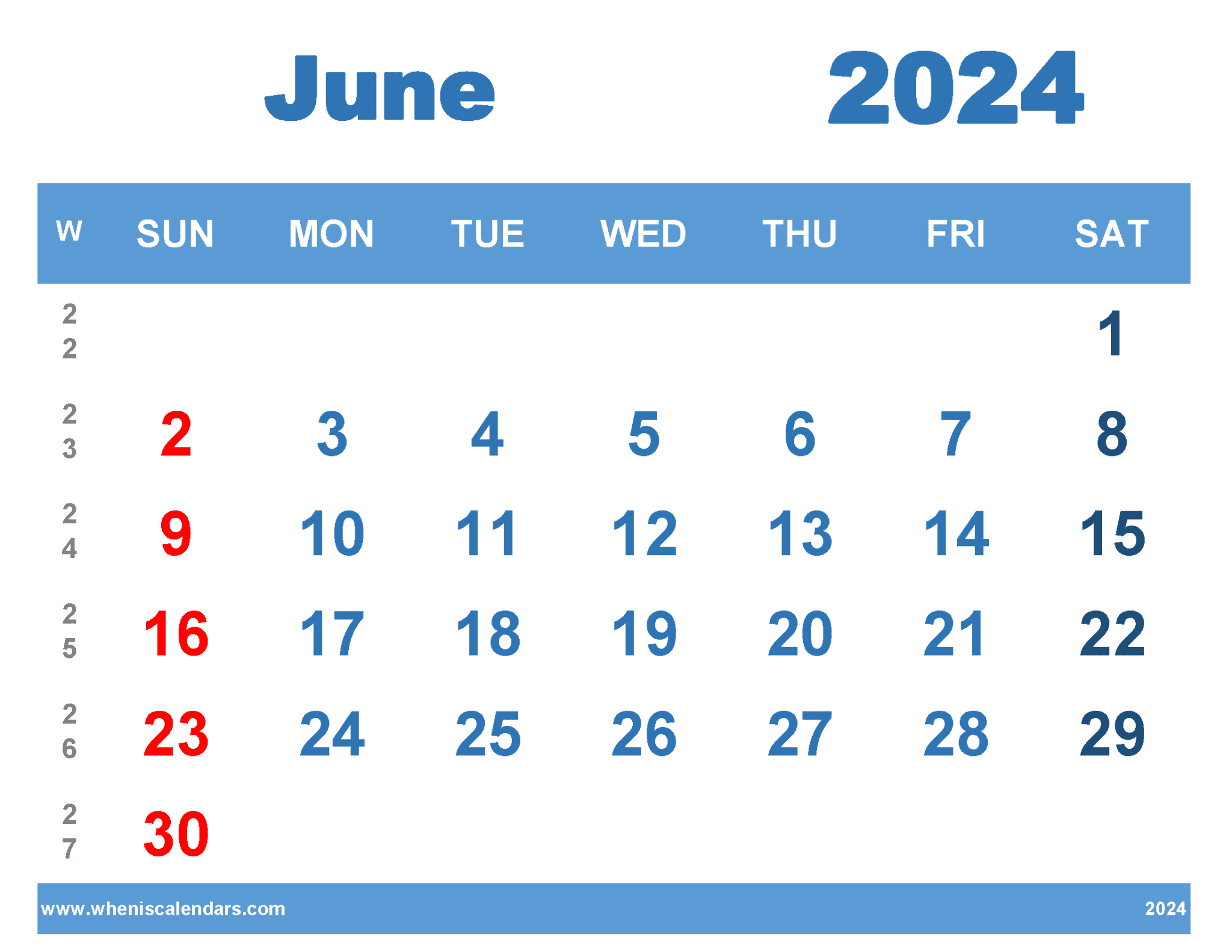 Free Printable June 2024 Calendar With Week Numbers