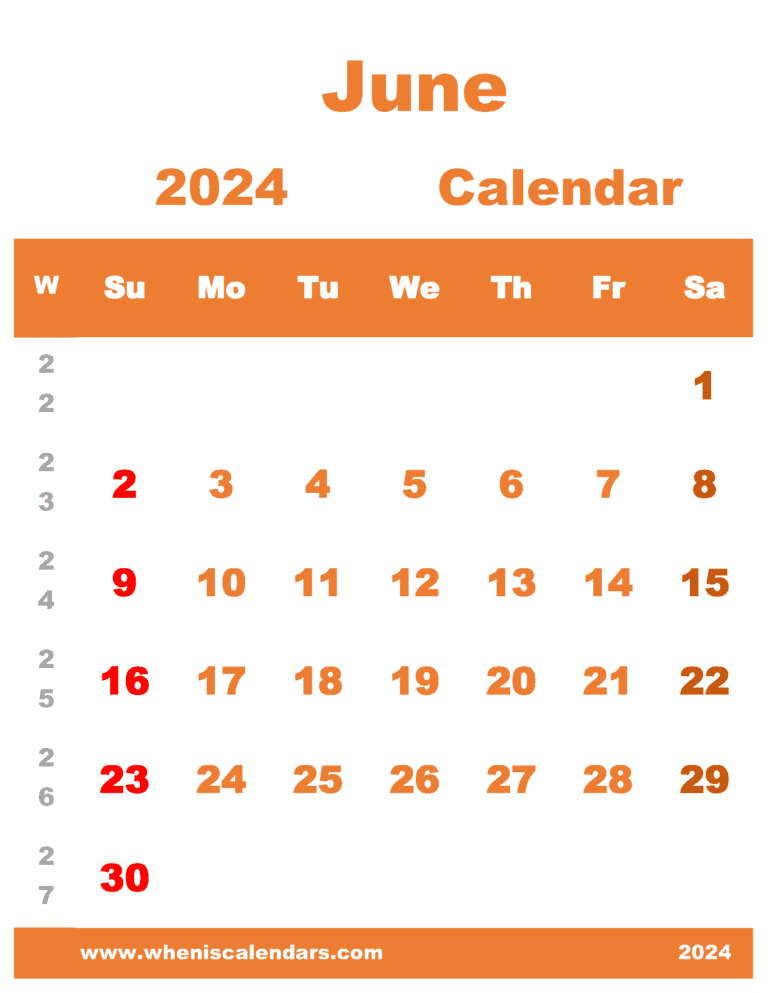 Free Printable June 2024 Calendar With Week Numbers