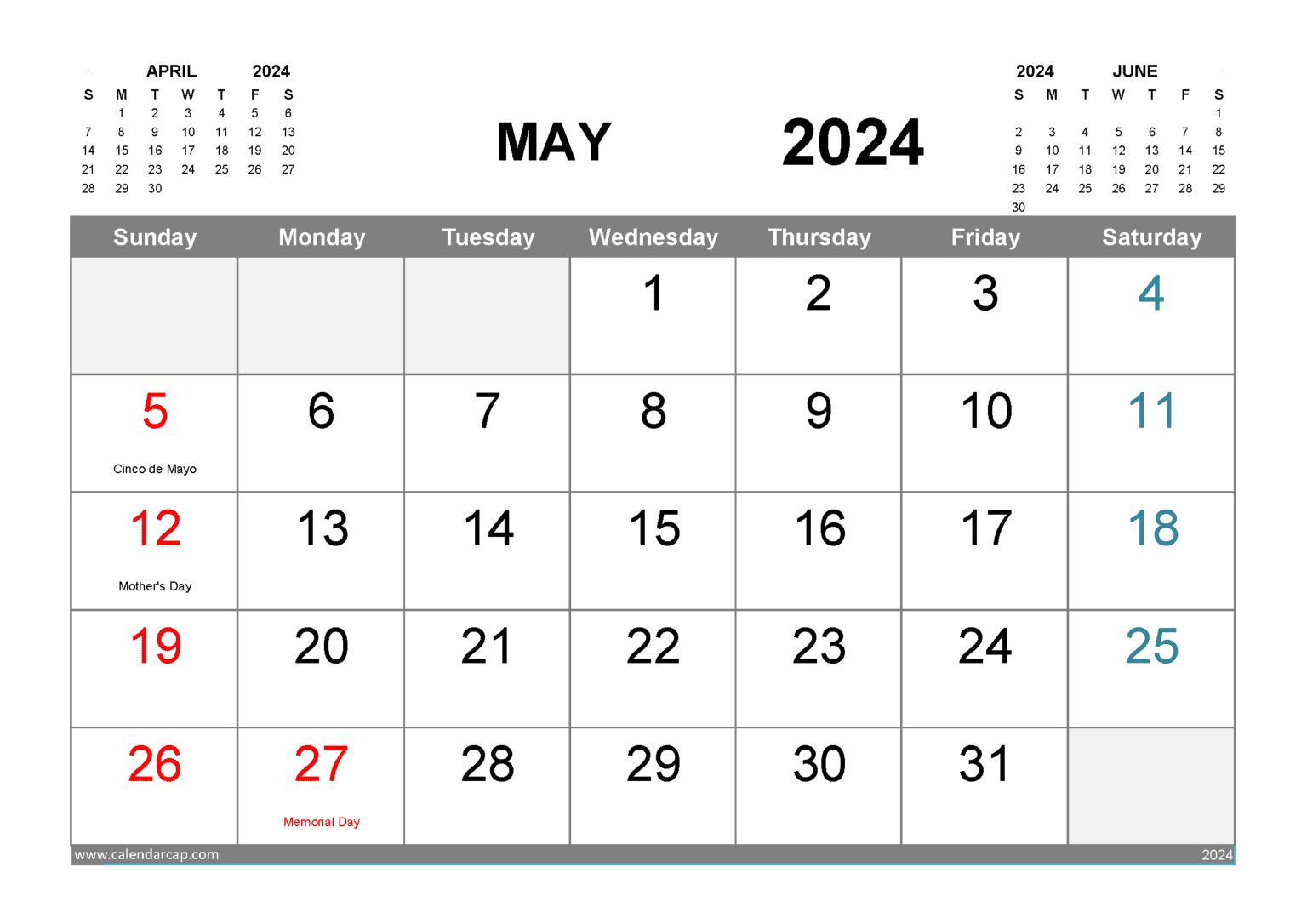 Free Printable May 2024 Calendar With Holidays