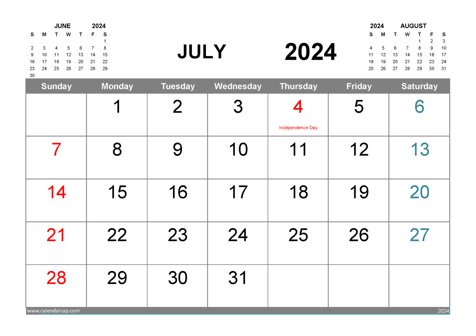 Free Printable July 2024 Calendar With Holidays