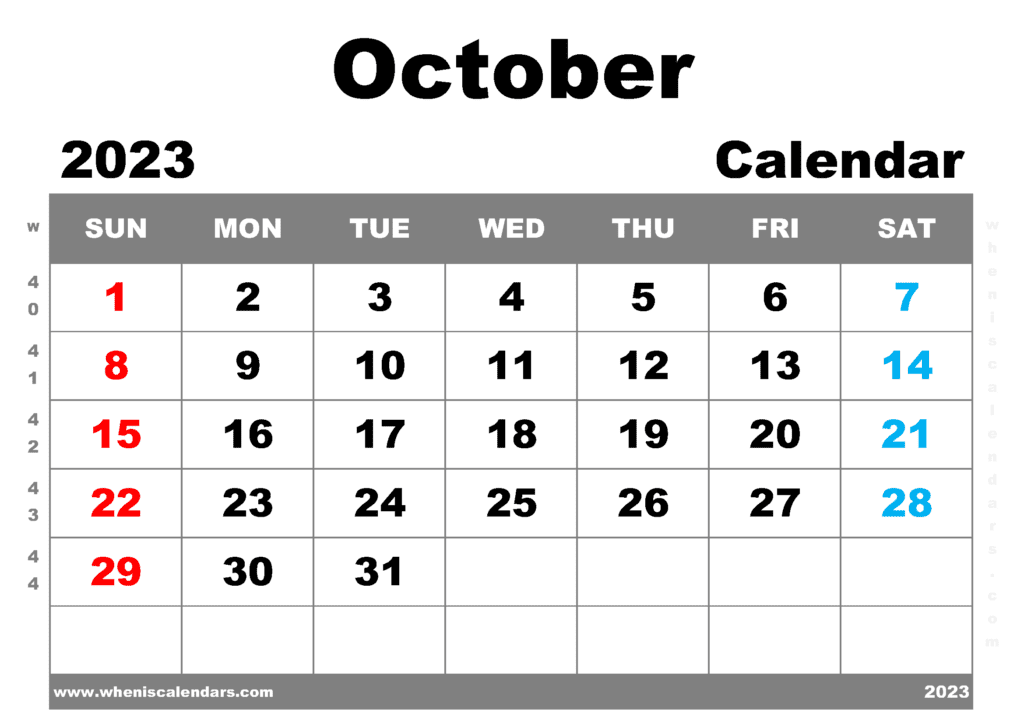 Free Printable October 2023 Calendar With Week Numbers