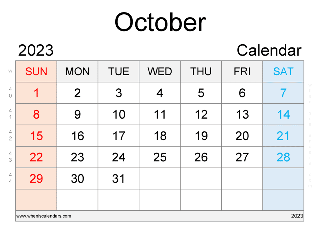 Printable Monthly Calendar October 2023