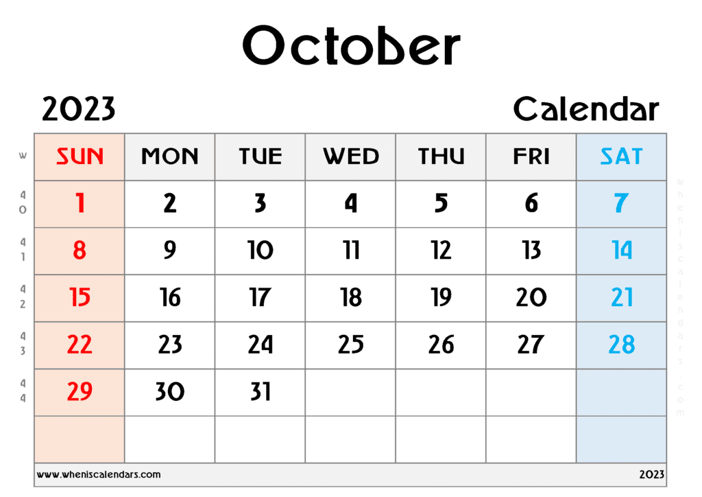 Free Printable October 2023 Calendar With Week Numbers