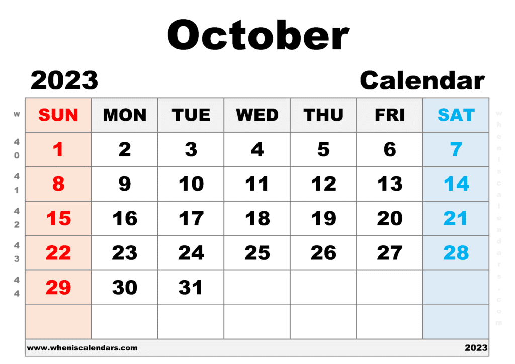 Printable Monthly Calendar October 2023