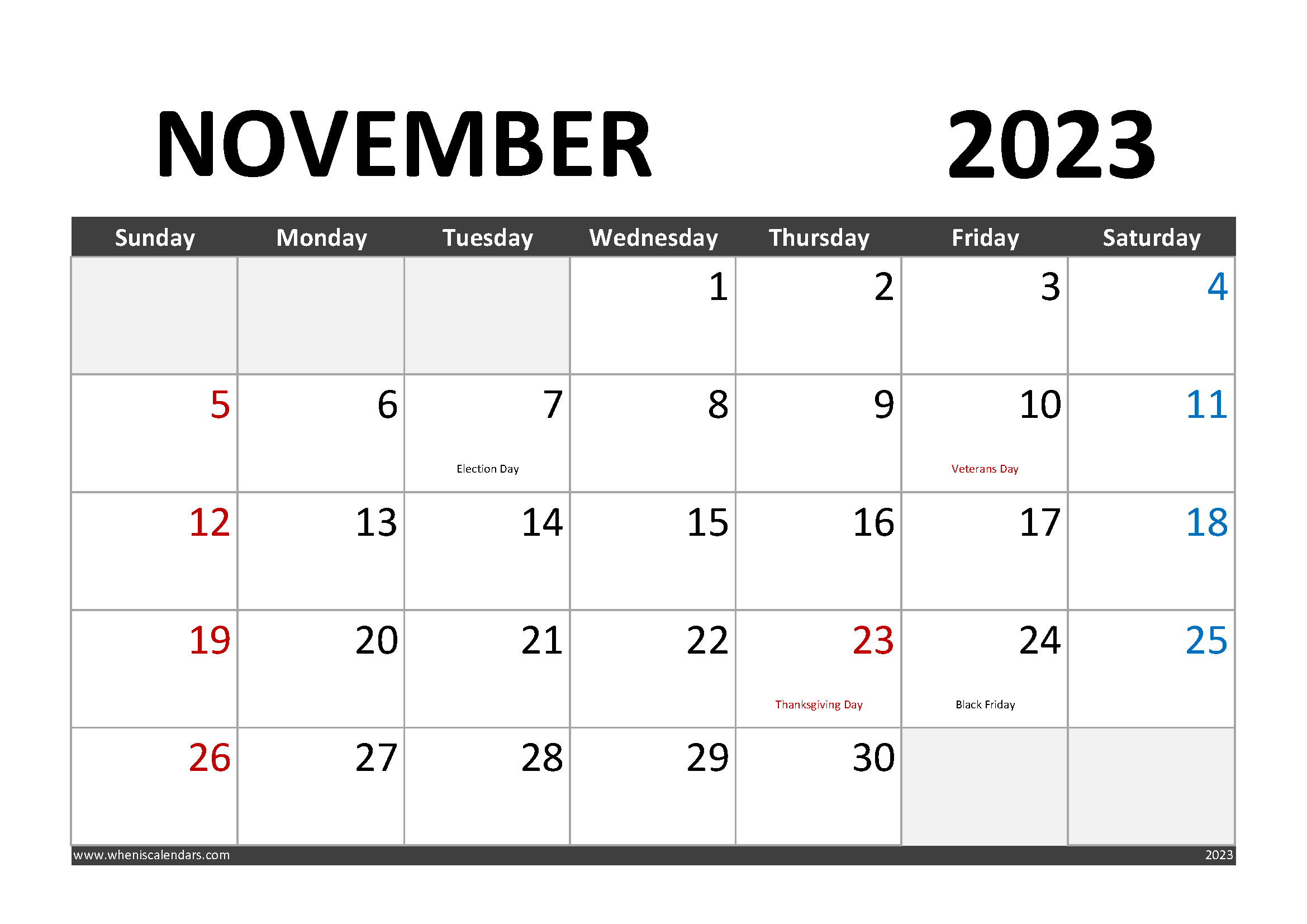 November 2023 Calendar with Holidays Printable