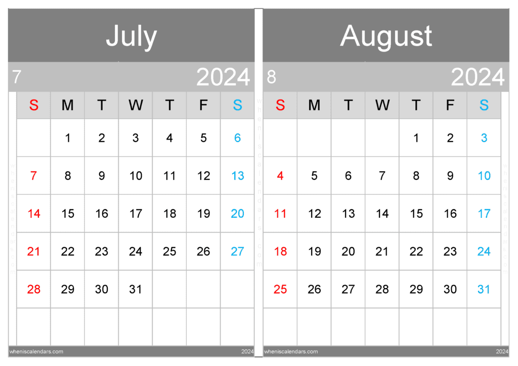 Download Printable Calendar July August 2024 A4 JA24031