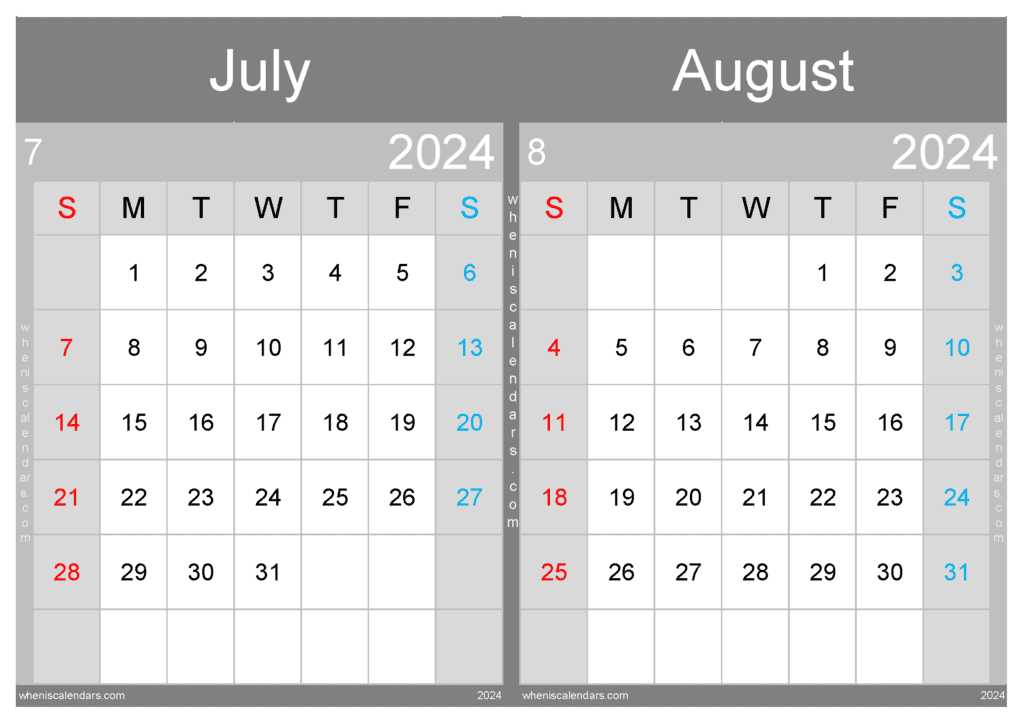 Jul August 2024 Calendar TwoMonth