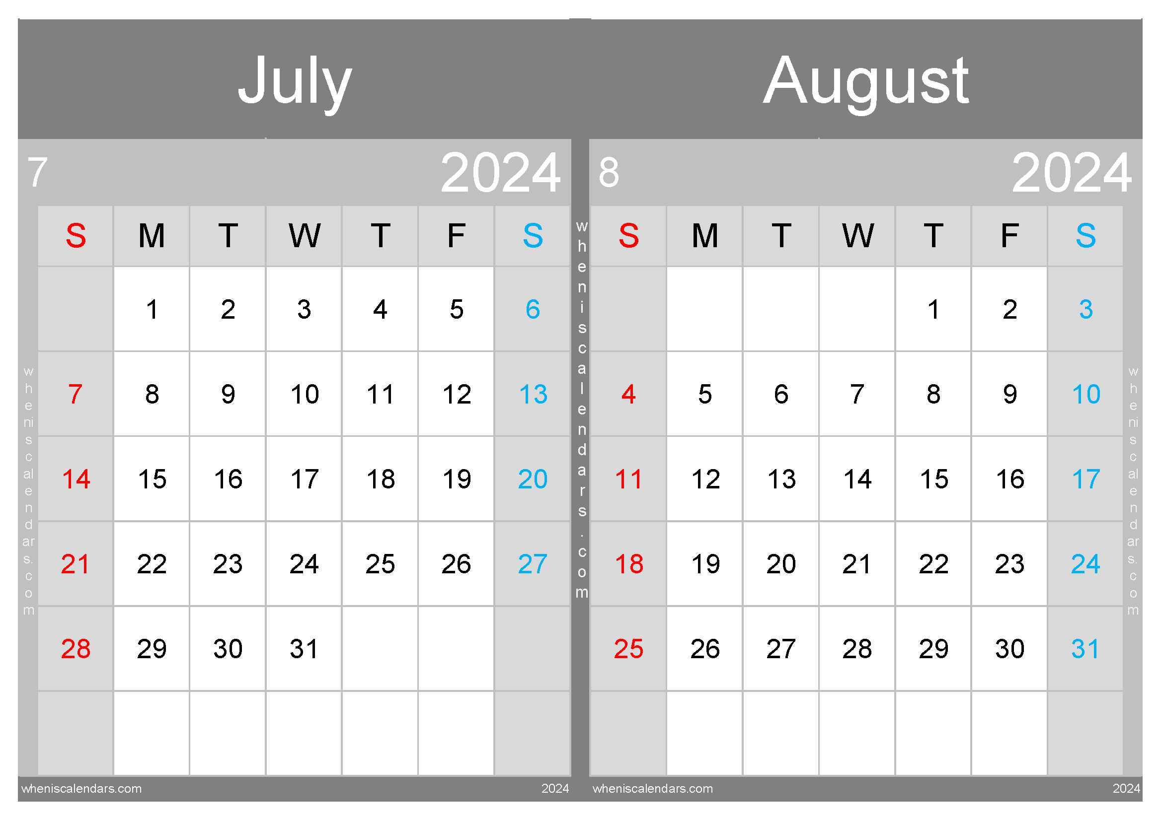 July August 2024 Calendar Two-Month