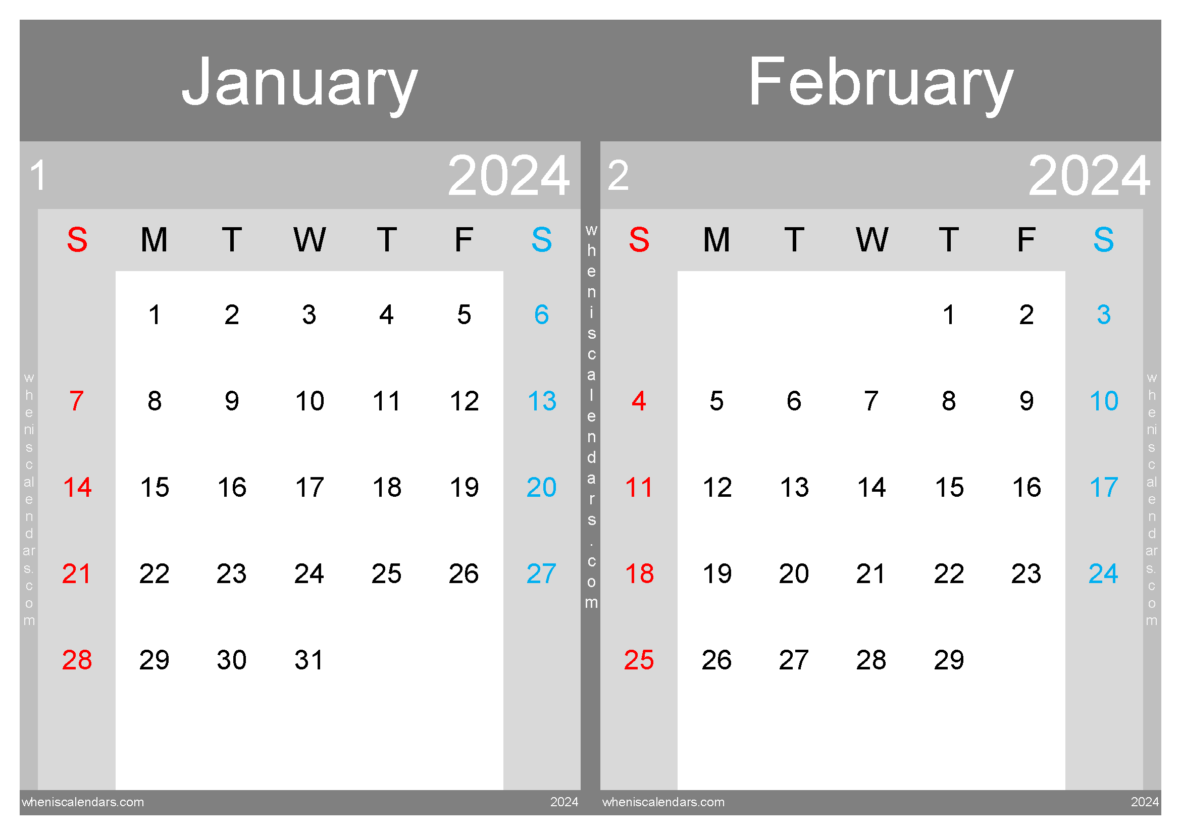 Download Printable January And February 2024 Calendar A4 JF242033