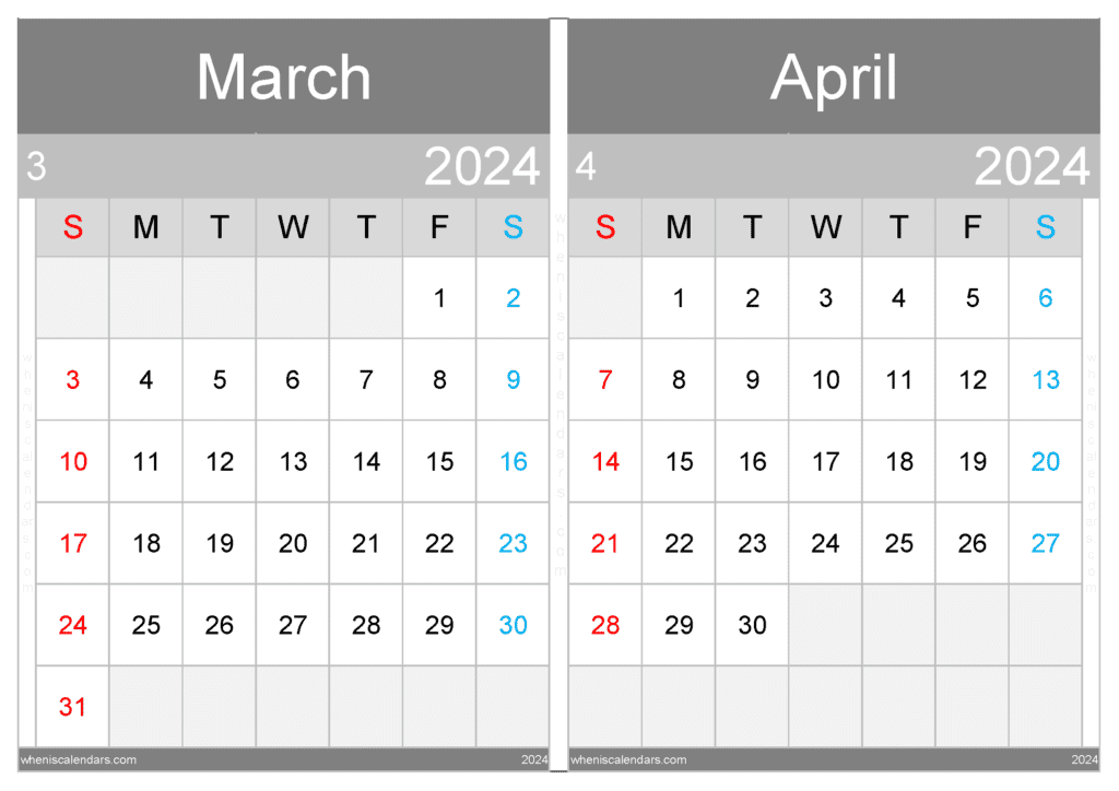 Download March And April 2024 Printable Calendar A4 MA24034
