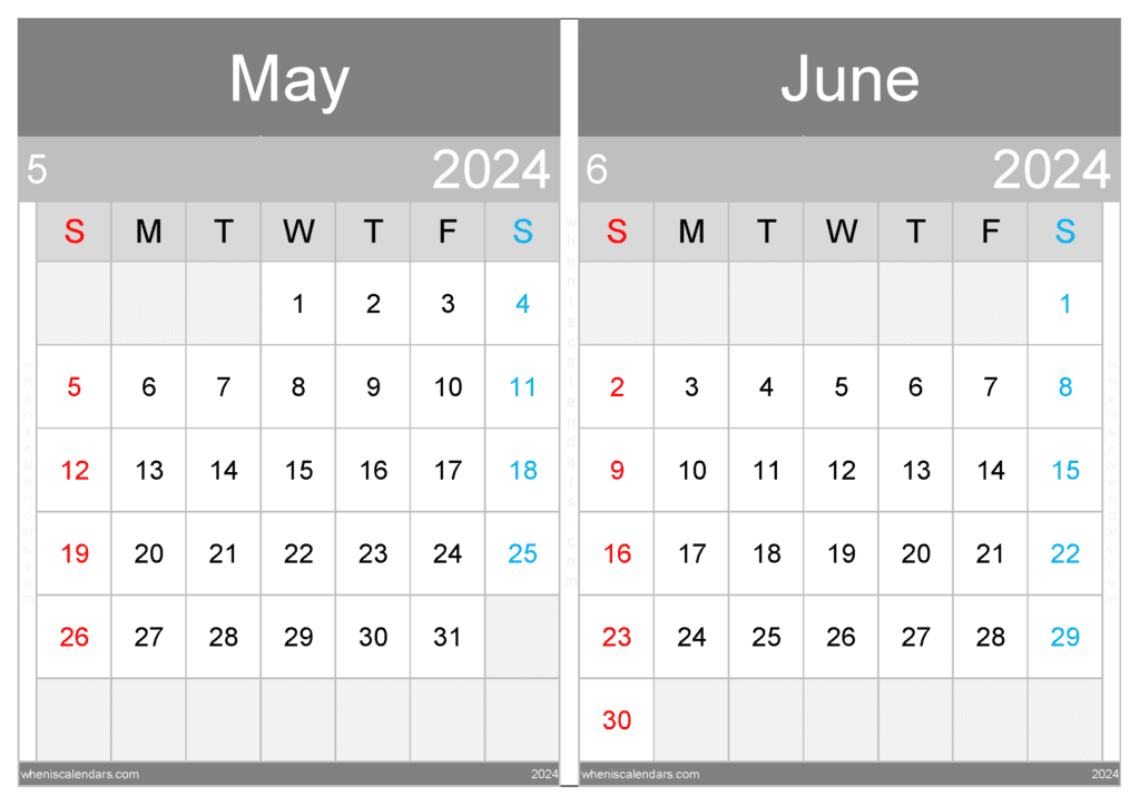 Download May And June 2024 Printable Calendar A4 MJ242034