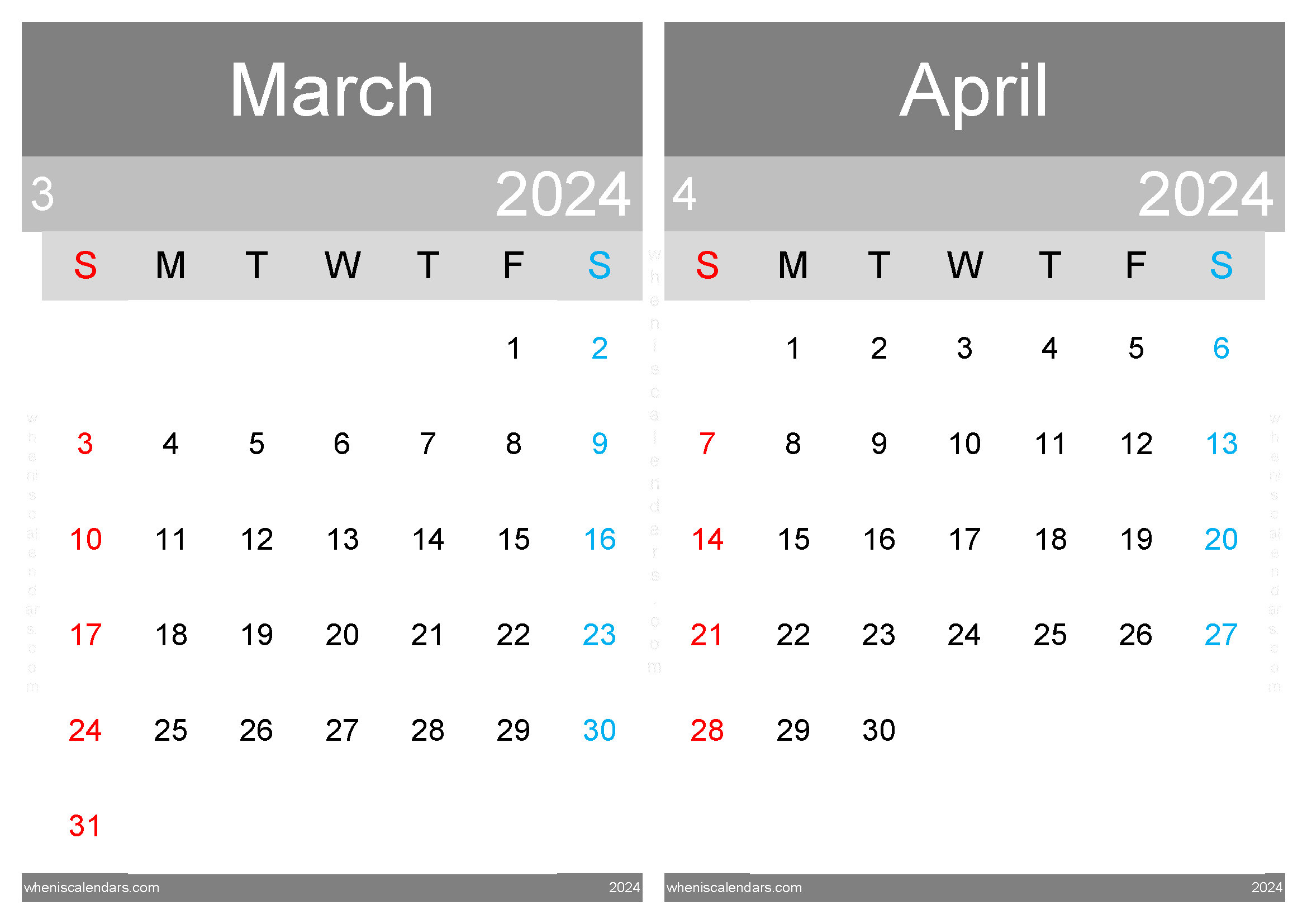 Download Printable March April 2024 Calendar A4 MA24005