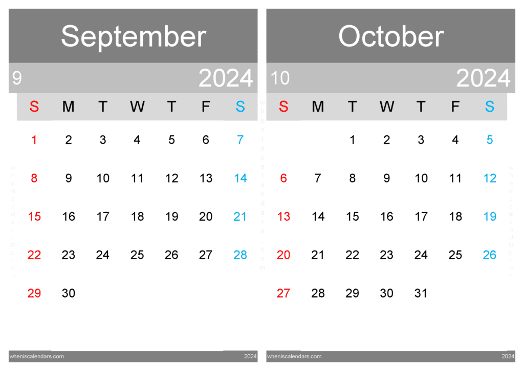 Download Printable September October 2024 Calendar A4 SO24005
