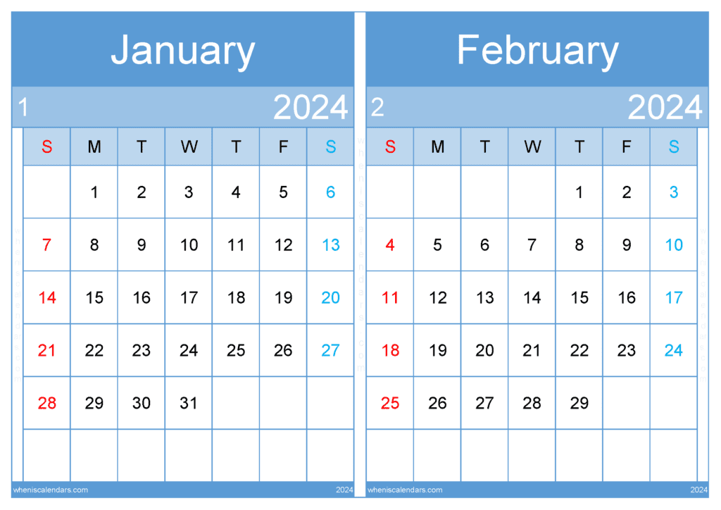 Download January And February 2024 Calendar A4 JF24006