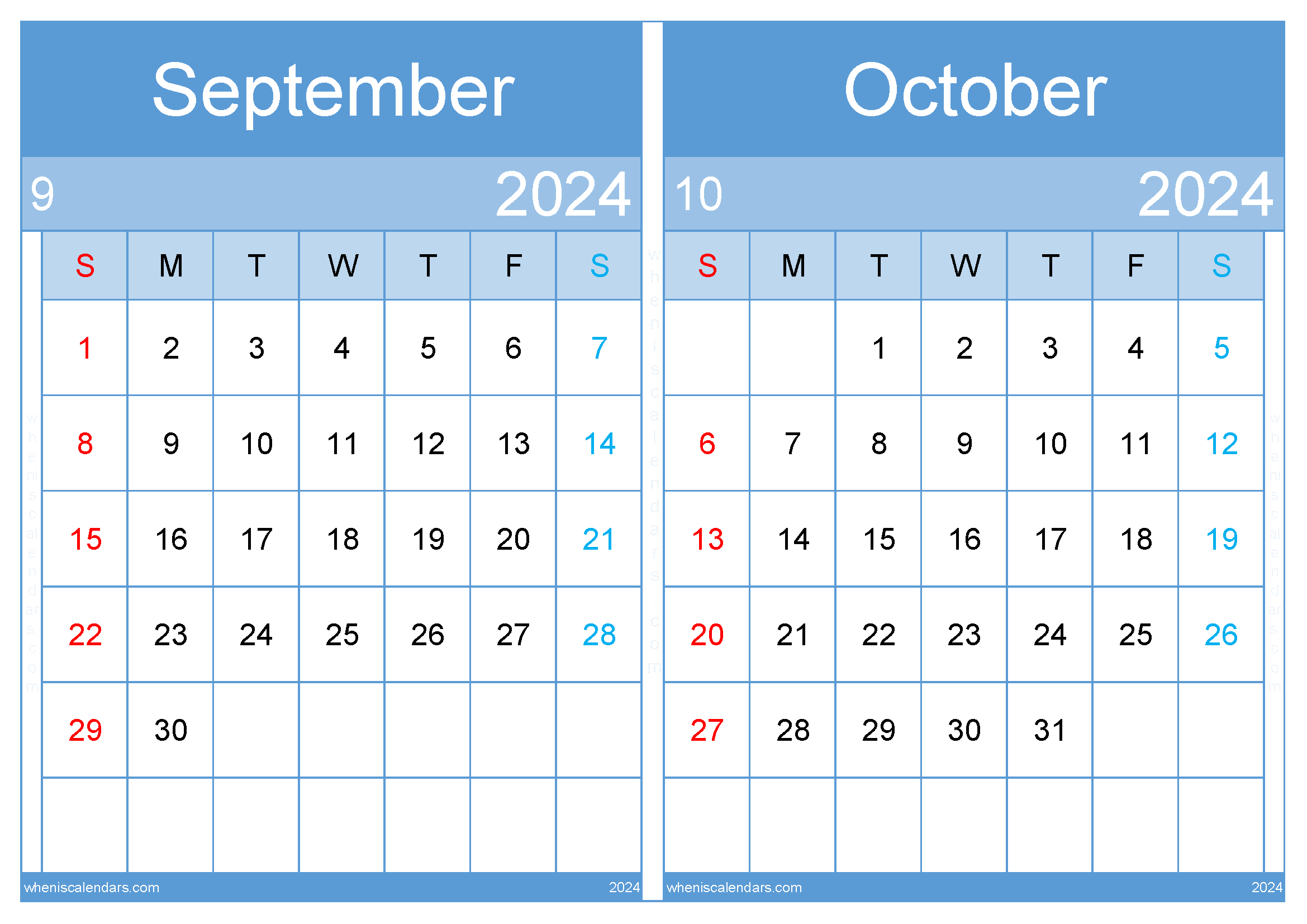 Download Printable September October 2024 Calendar A4 SO24005