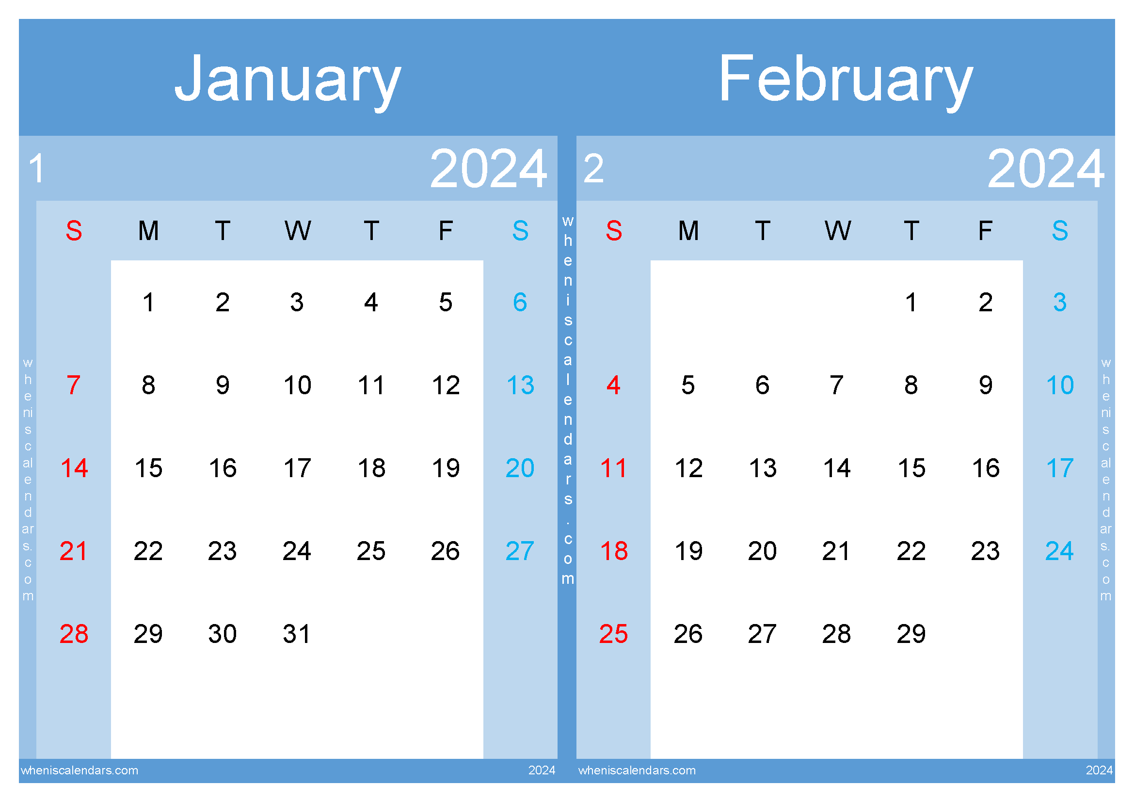 Jan February 2024 Calendar Printable TwoMonth