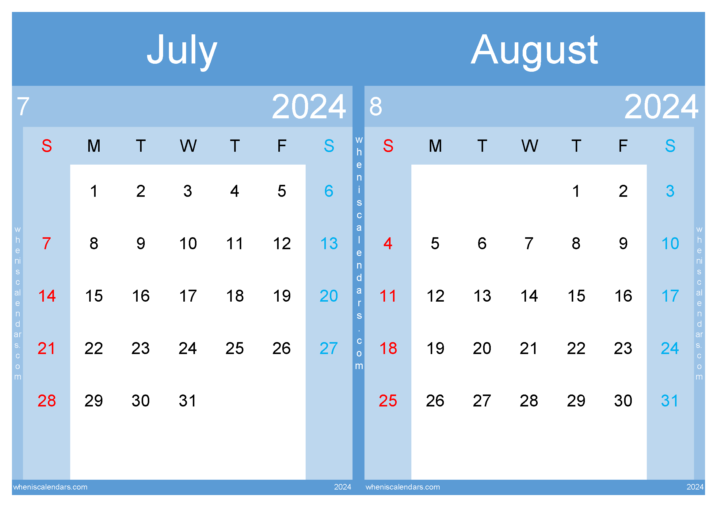 Jul August 2024 Calendar Printable TwoMonth