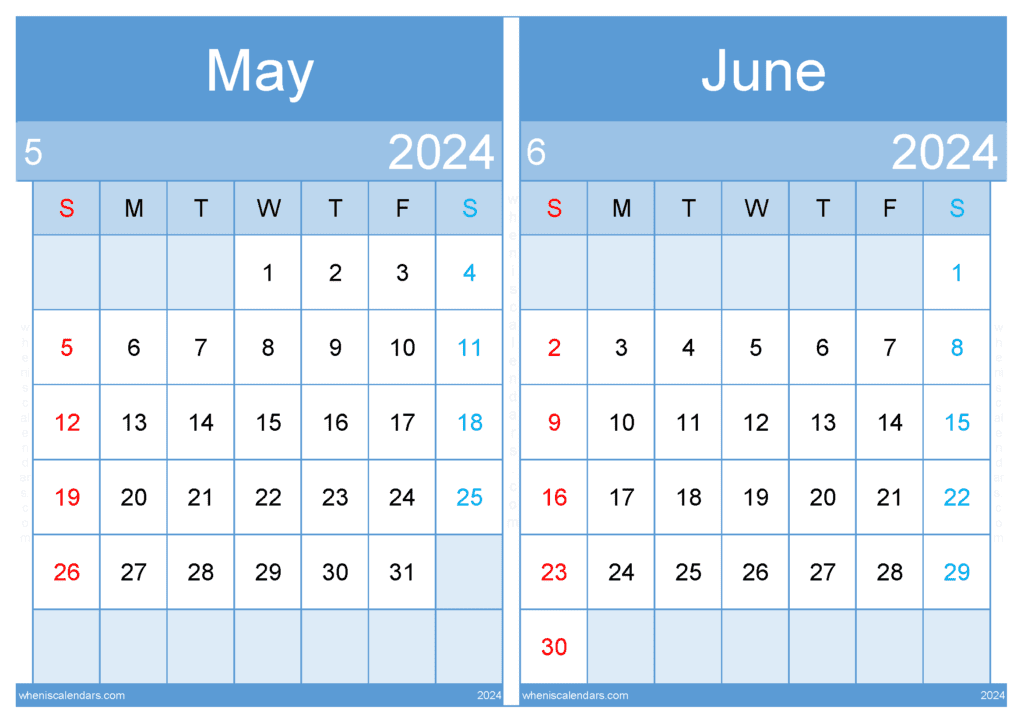 Download May June calendar printable 2024 A4 MJ242039