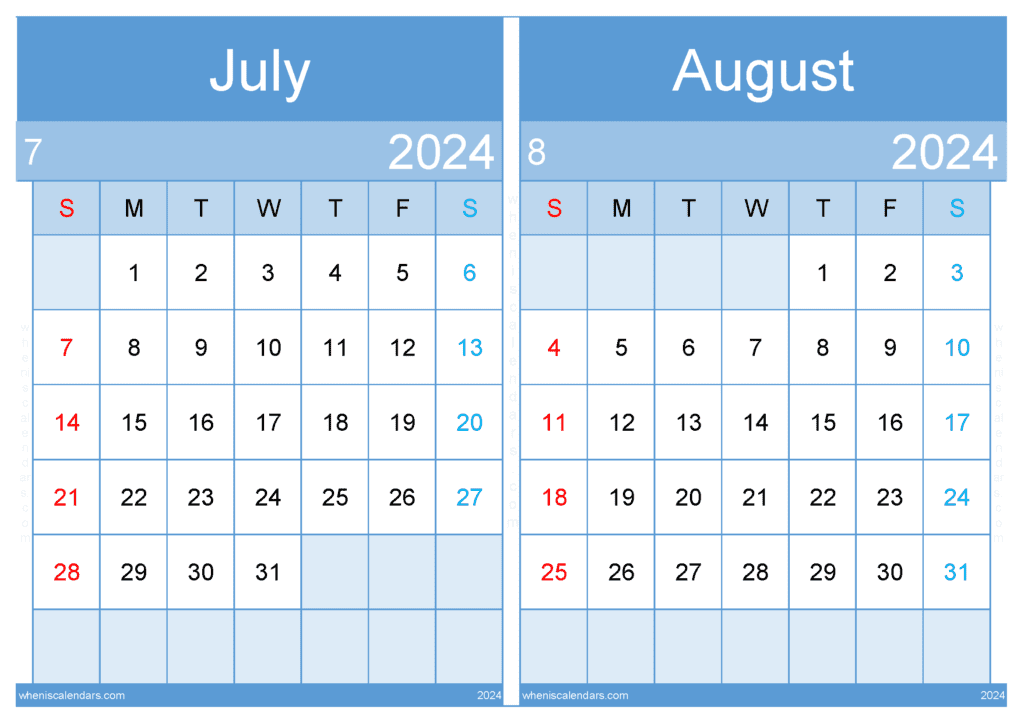 July August 2024 Calendar PDF TwoMonth